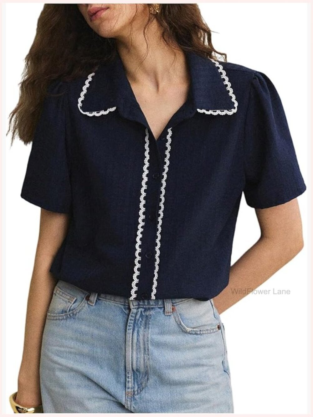 Contrast Lace Button Down Short Sleeve Collared Blouse Top